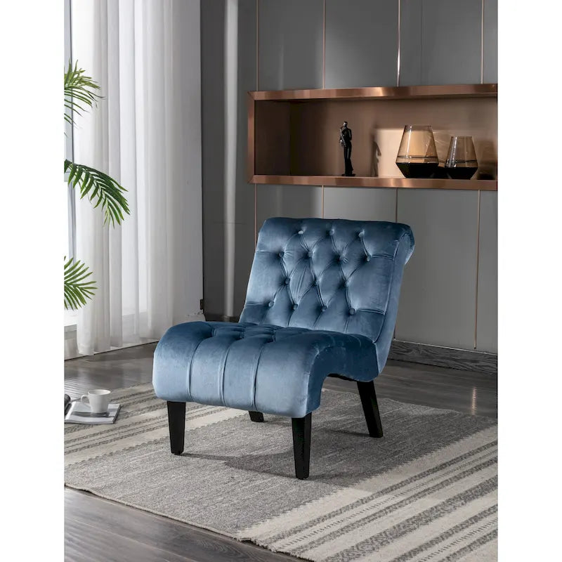 Light Blue Tufted Velvet Accent Chair with Rubberwood Legs