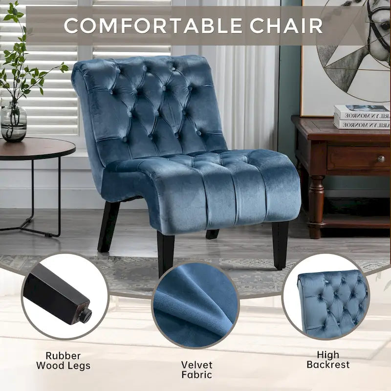 Light Blue Tufted Velvet Accent Chair with Rubberwood Legs