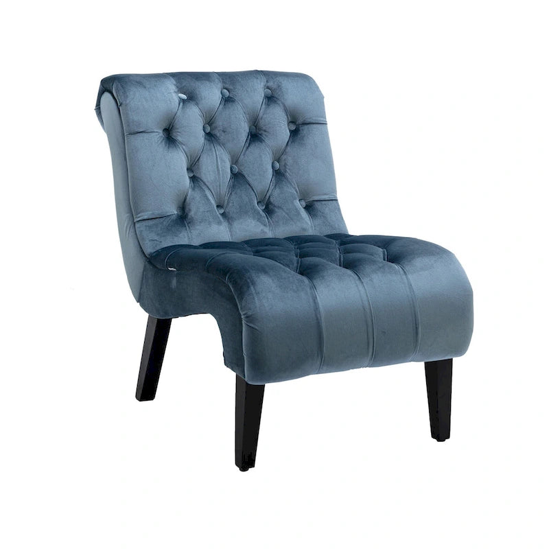 Poltrona d'accento in velluto trapuntato azzurro chiaro con gambe in legno di caucciù