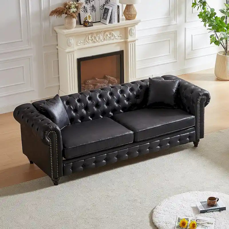 85.5-inch Chesterfield 3-Seater Sofa in Tech Fabric with Cushions