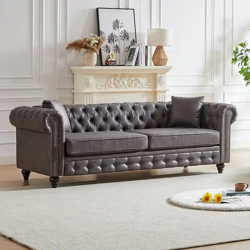 85.5-inch Chesterfield 3-Seater Sofa in Tech Fabric with Cushions