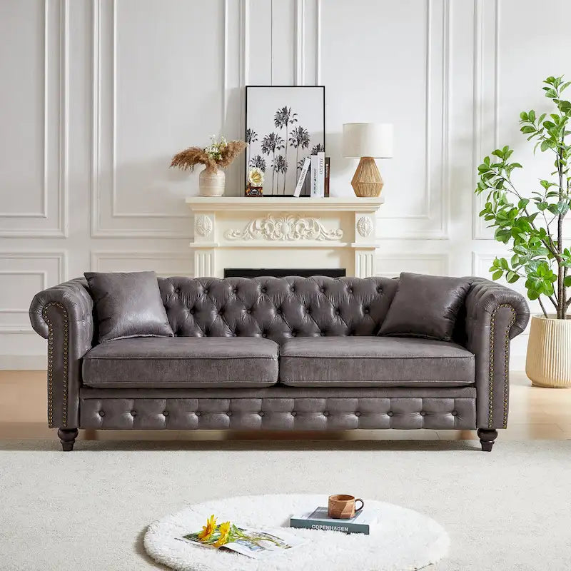 85.5-inch Chesterfield 3-Seater Sofa in Tech Fabric with Cushions