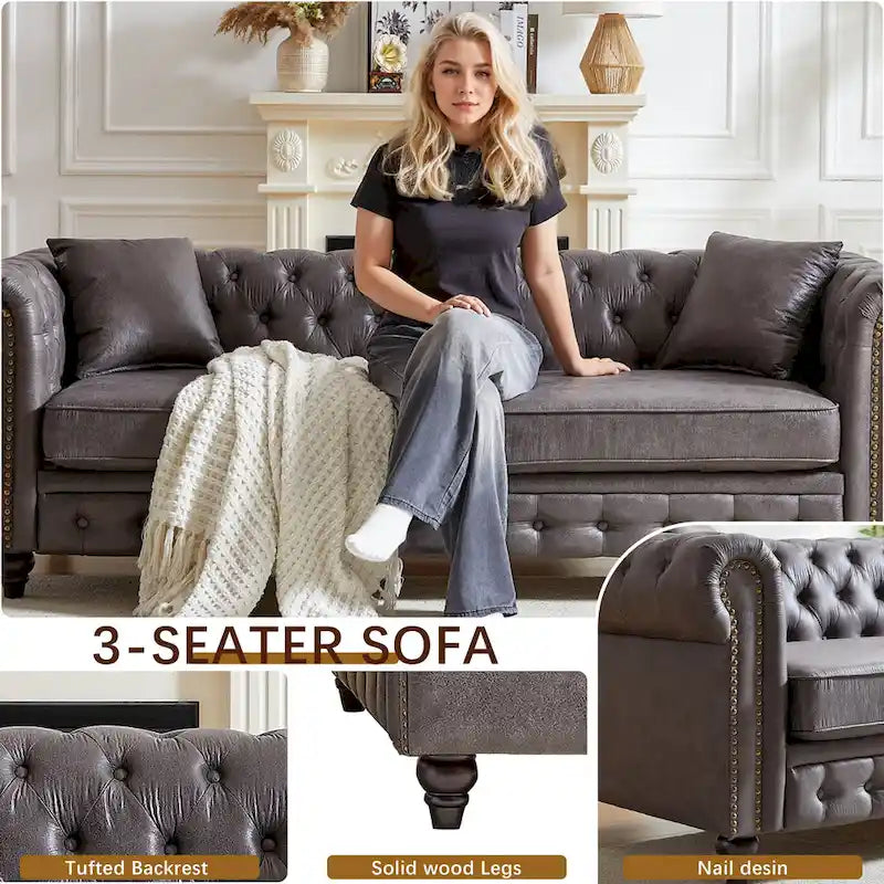 85.5-inch Chesterfield 3-Seater Sofa in Tech Fabric with Cushions