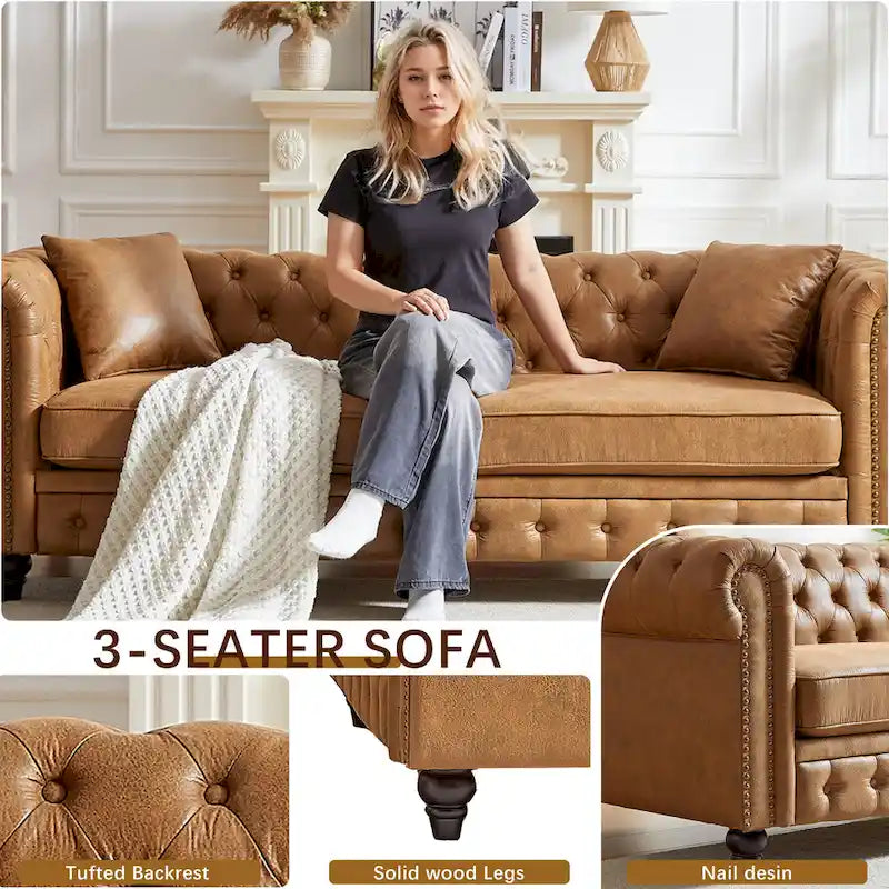 216,5 cm breites Chesterfield-Sofa mit 3 Sitzplätzen aus Tech-Gewebe und Kissen