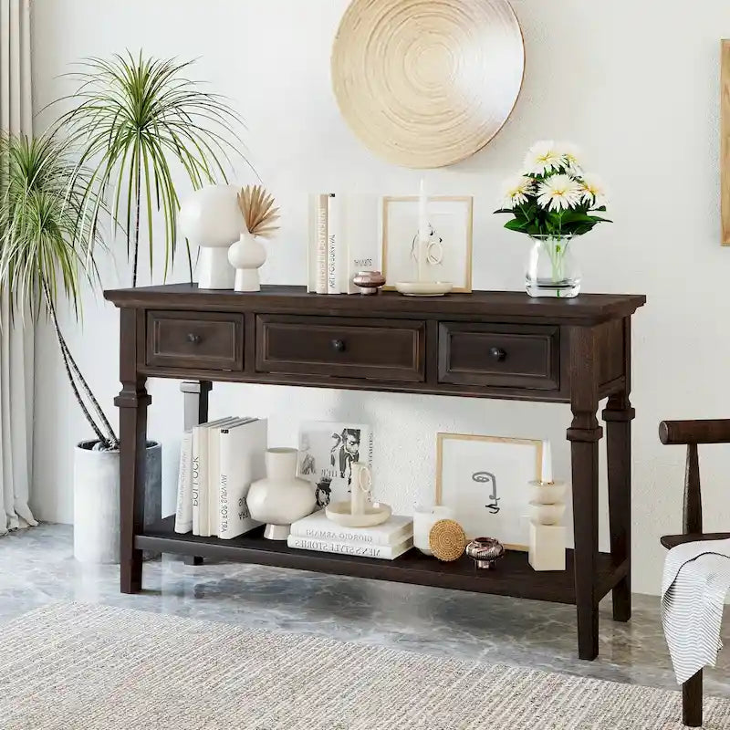 50-inch Vintage Console Table with 3 Drawers and Bottom Shelf - Pine Wood