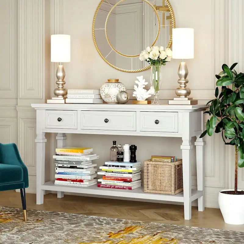 50-inch Vintage Console Table with 3 Drawers and Bottom Shelf - Pine Wood