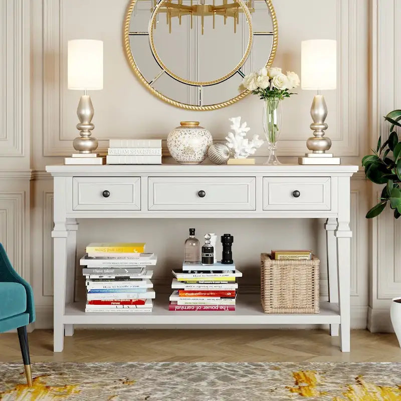 50-inch Vintage Console Table with 3 Drawers and Bottom Shelf - Pine Wood