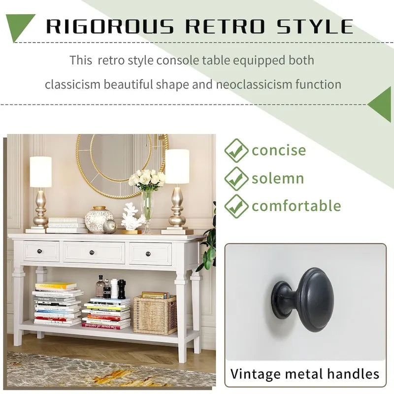 50-inch Vintage Console Table with 3 Drawers and Bottom Shelf - Pine Wood