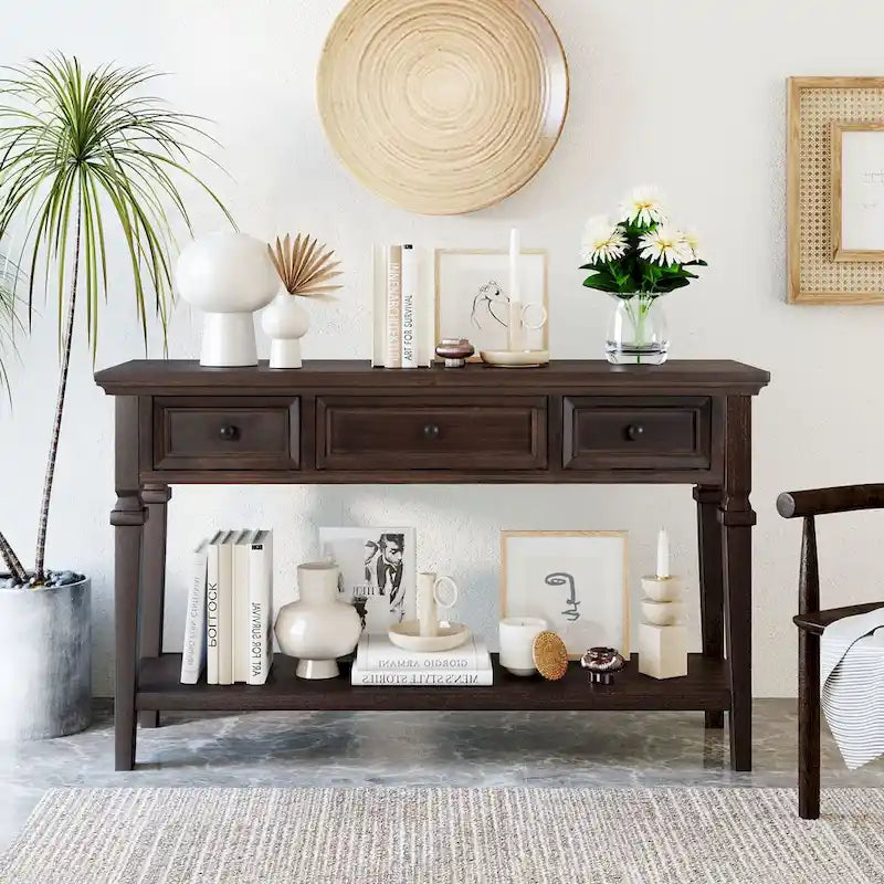 50-inch Vintage Console Table with 3 Drawers and Bottom Shelf - Pine Wood