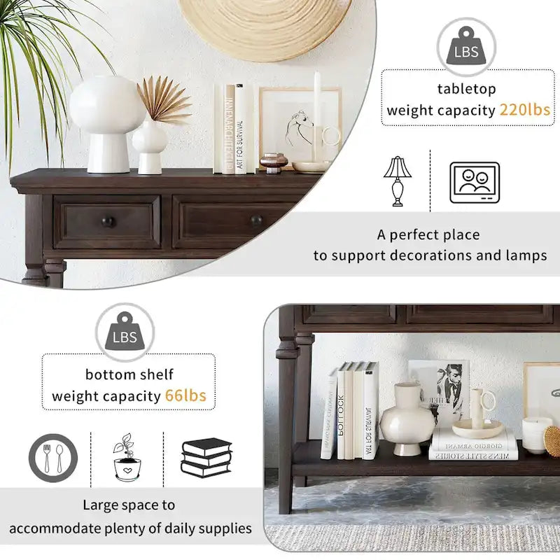 50-inch Vintage Console Table with 3 Drawers and Bottom Shelf - Pine Wood