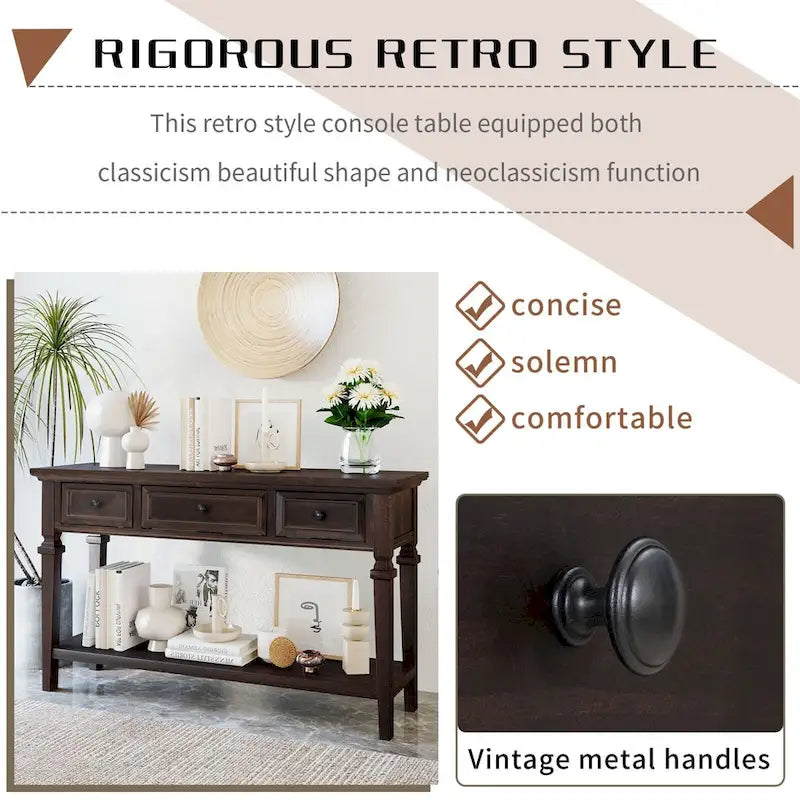 50-inch Vintage Console Table with 3 Drawers and Bottom Shelf - Pine Wood
