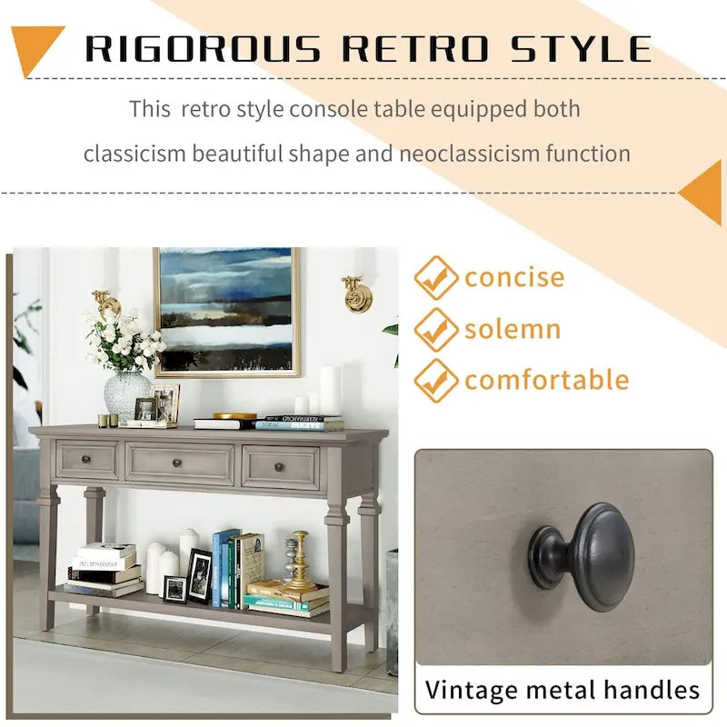 50-inch Vintage Console Table with 3 Drawers and Bottom Shelf - Pine Wood