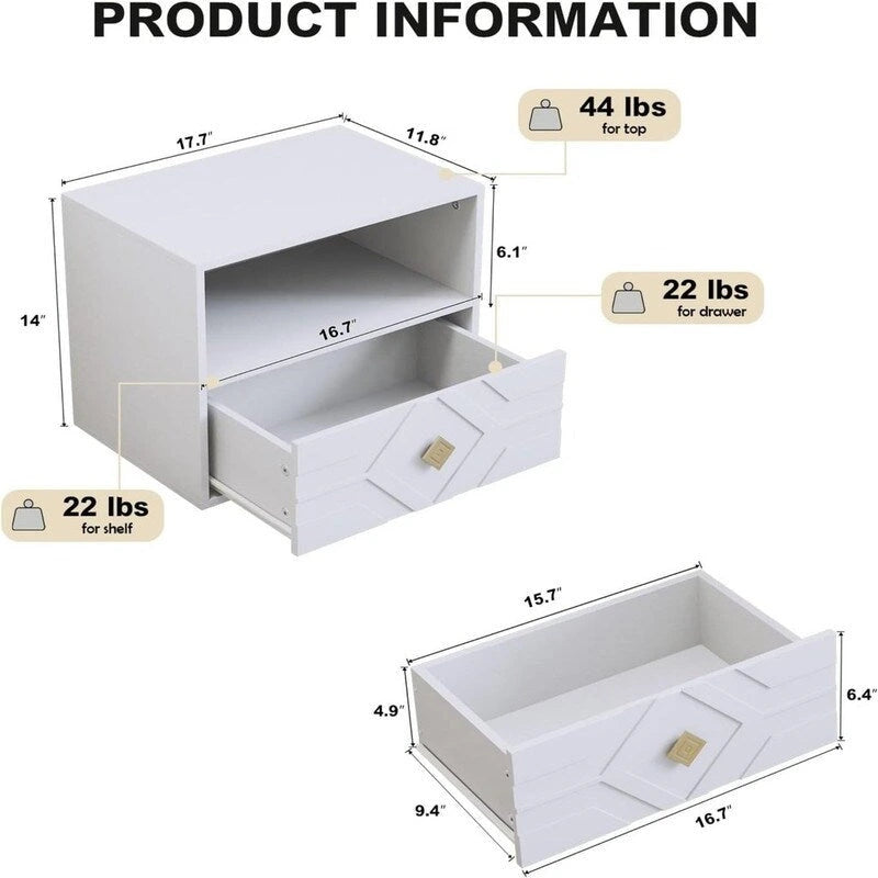 Wall-Mounted Floating Nightstand with Drawer and Open Shelf - Embossed White