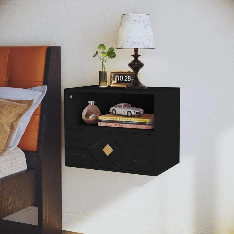 Wall-Mounted Floating Nightstand with Drawer and Open Shelf - Embossed White