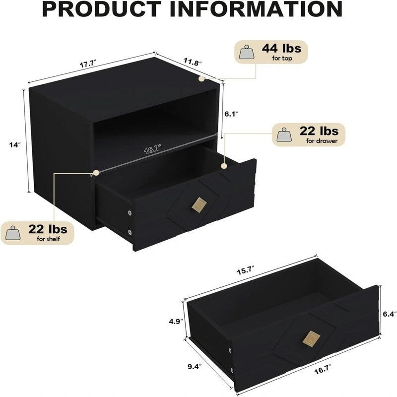Wall-Mounted Floating Nightstand with Drawer and Open Shelf - Embossed White