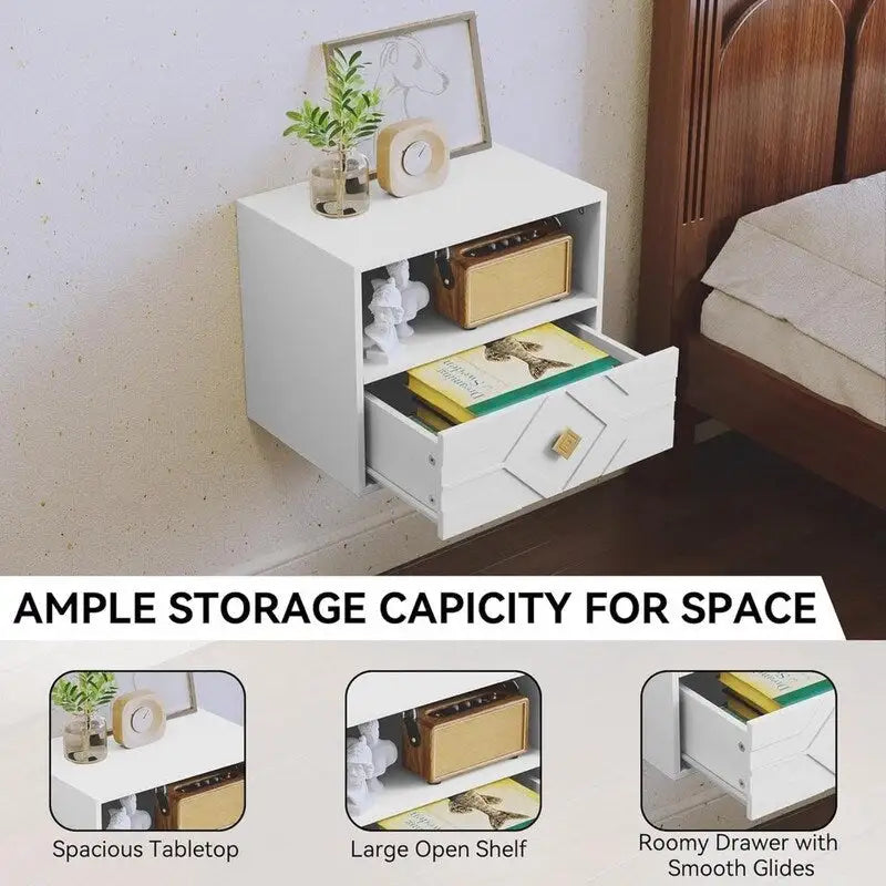 Comodino sospeso da parete con cassetto e ripiano aperto - bianco goffrato