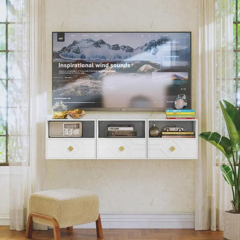Comodino sospeso da parete con cassetto e ripiano aperto - bianco goffrato