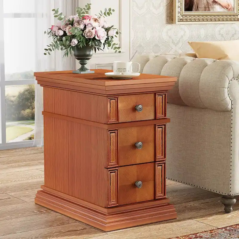 Narrow 3-Drawer End Table in Vintage Style - 14.17W in.