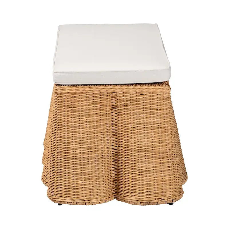 Scalloped Natural Rattan Ottoman with Cushion - Handwoven Rectangular Bench