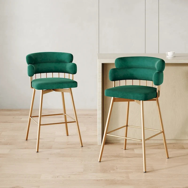 180° Swivel Velvet Counter Stools with Gold Metal Legs, Set of 2 - 26-inch Seat Height
