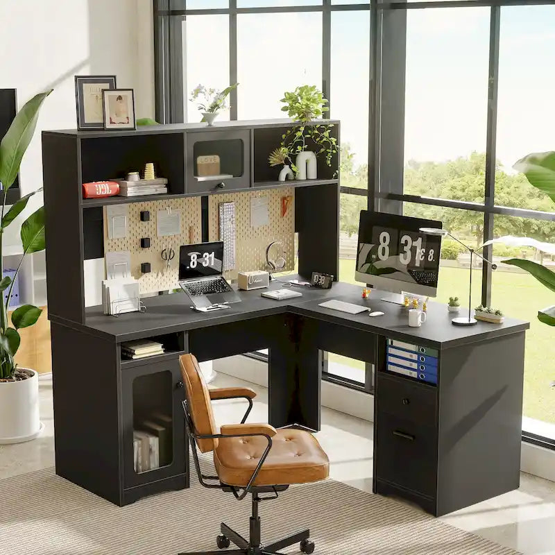 L-Shaped Desk with Hutch, Drawers, 4 Power Outlets, USB Ports, and LED Strip