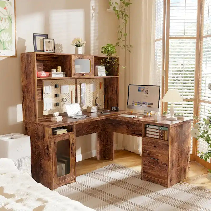 L-Shaped Desk with Hutch, Drawers, 4 Power Outlets, USB Ports, and LED Strip