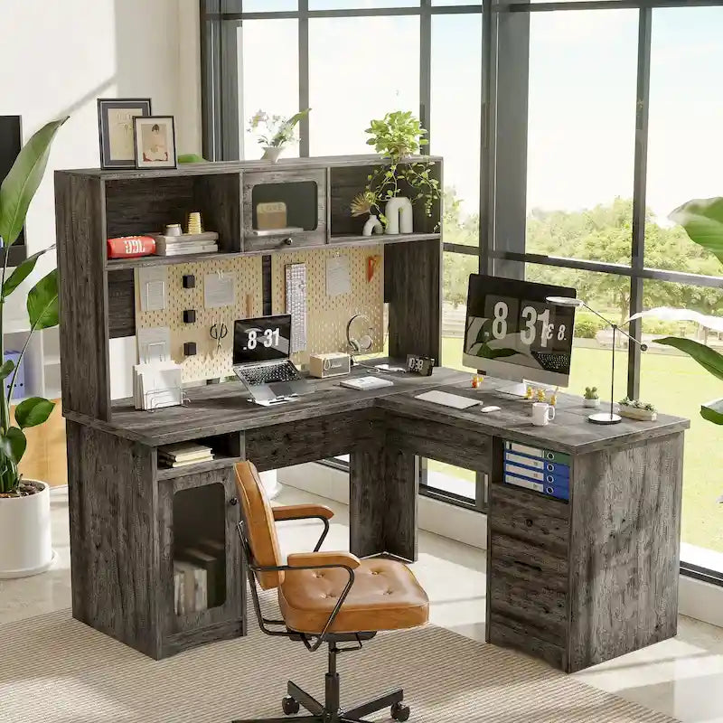 L-Shaped Desk with Hutch, Drawers, 4 Power Outlets, USB Ports, and LED Strip