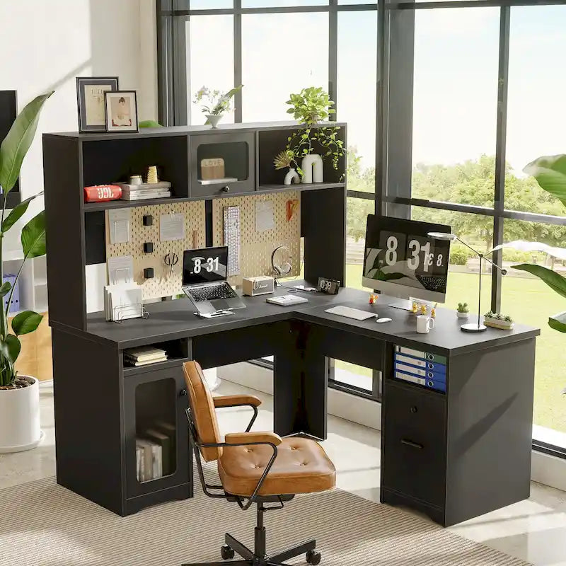 L-Shaped Desk with Hutch, Drawers, 4 Power Outlets, USB Ports, and LED Strip