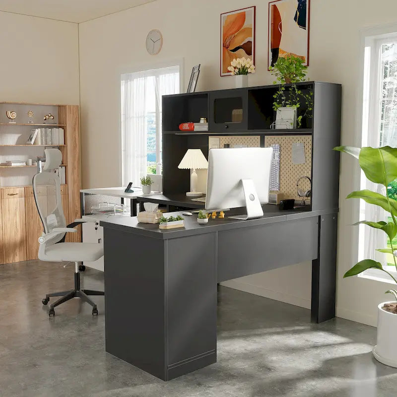 L-Shaped Desk with Hutch, Drawers, 4 Power Outlets, USB Ports, and LED Strip