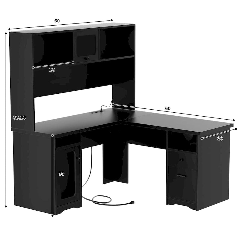 L-Shaped Desk with Hutch, Drawers, 4 Power Outlets, USB Ports, and LED Strip