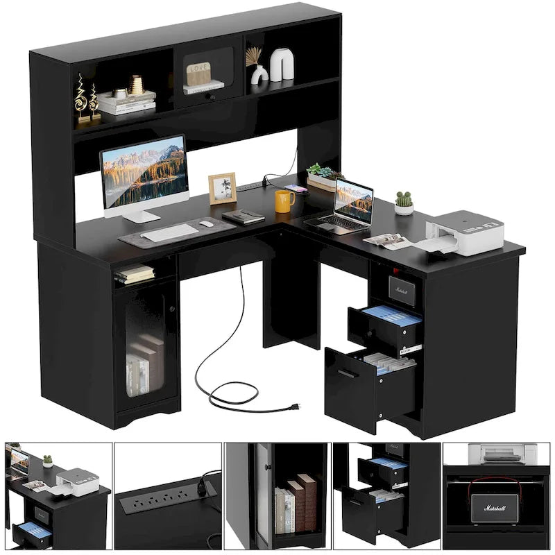 L-Shaped Desk with Hutch, Drawers, 4 Power Outlets, USB Ports, and LED Strip