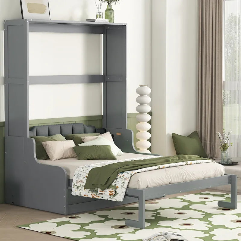 Queen Murphy Bed with Fold-Away Cabinet and Cushioned Chair - Wall Bed
