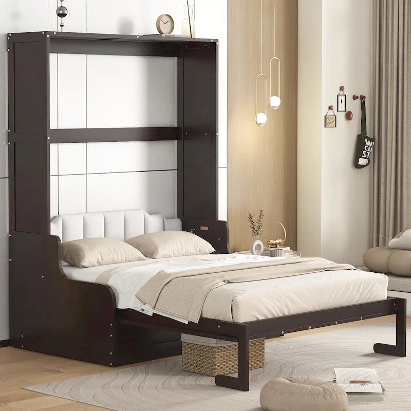 Queen Murphy Bed with Fold-Away Cabinet and Cushioned Chair - Wall Bed