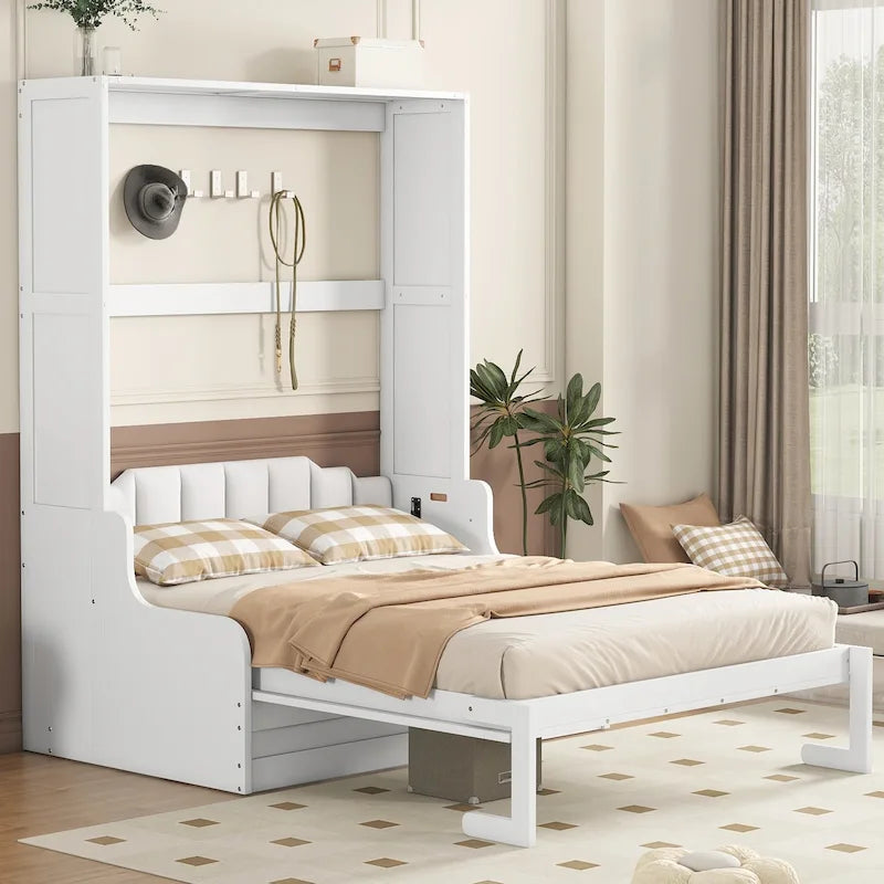 Queen Murphy Bed with Fold-Away Cabinet and Cushioned Chair - Wall Bed