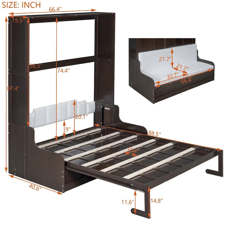 Queen Murphy Bed with Fold-Away Cabinet and Cushioned Chair - Wall Bed