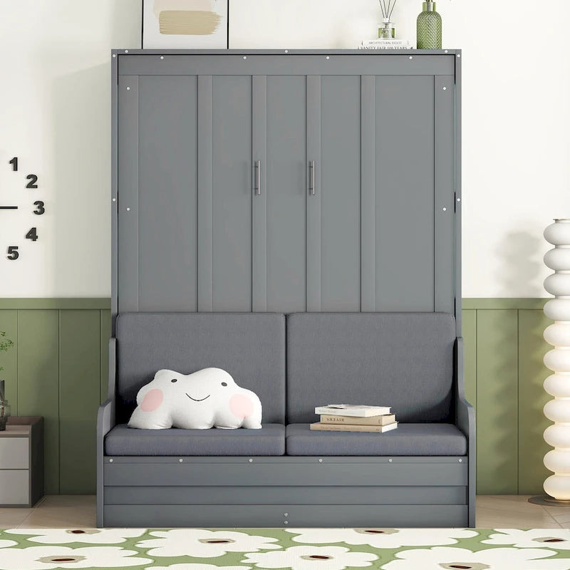 Queen Murphy Bed with Fold-Away Cabinet and Cushioned Chair - Wall Bed
