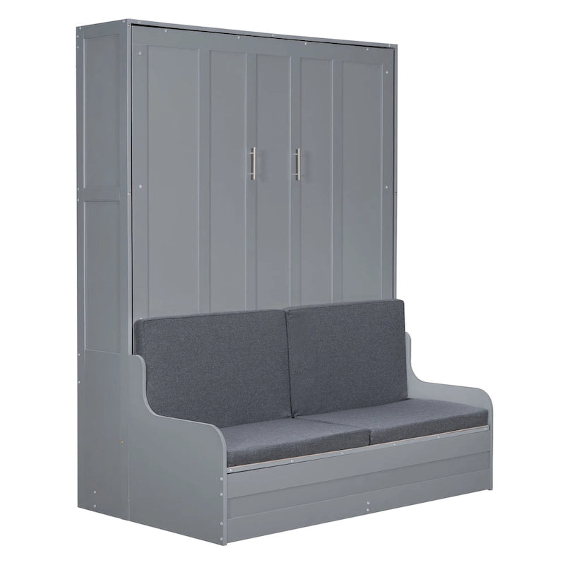 Queen Murphy Bed with Fold-Away Cabinet and Cushioned Chair - Wall Bed