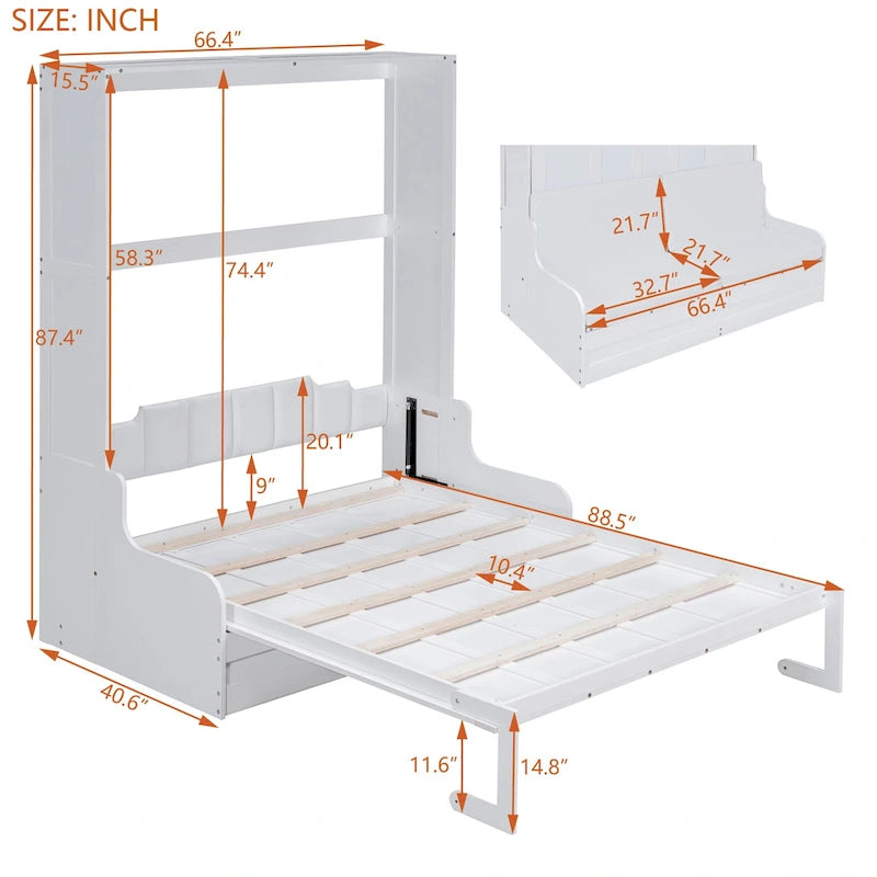 Queen Murphy Bed with Fold-Away Cabinet and Cushioned Chair - Wall Bed