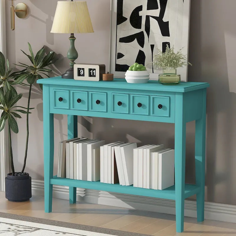 Rustic Console Table with 3 Drawers and Open Shelf - Rubber Wood Legs, 38.2W in.