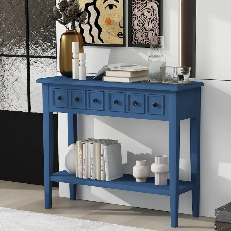 Rustic Console Table with 3 Drawers and Open Shelf - Rubber Wood Legs, 38.2W in.