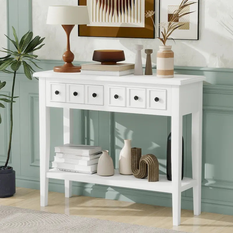 Rustic Console Table with 3 Drawers and Open Shelf - Rubber Wood Legs, 38.2W in.