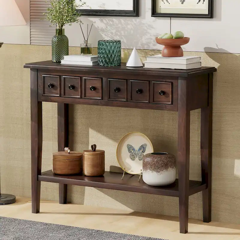 Rustic Console Table with 3 Drawers and Open Shelf - Rubber Wood Legs, 38.2W in.