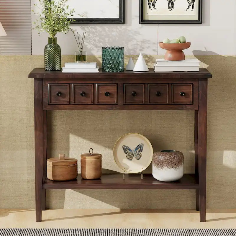 Rustic Console Table with 3 Drawers and Open Shelf - Rubber Wood Legs, 38.2W in.