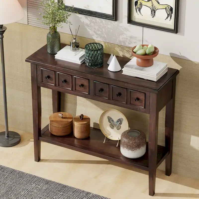 Rustic Console Table with 3 Drawers and Open Shelf - Rubber Wood Legs, 38.2W in.