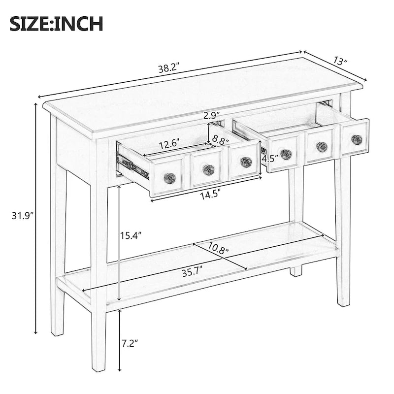Rustic Console Table with 3 Drawers and Open Shelf - Rubber Wood Legs, 38.2W in.