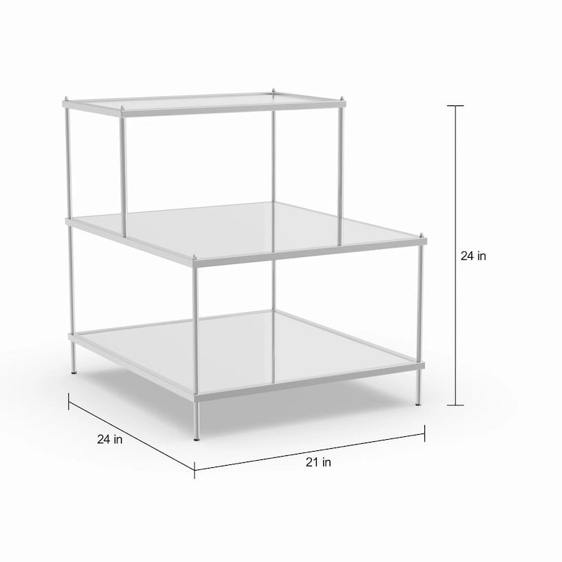 Glam Mirrored Chrome Accent Side Table with Tempered Glass Shelves