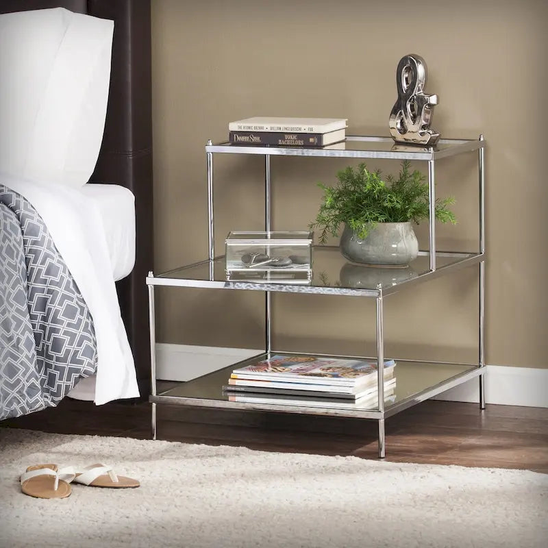 Glam Mirrored Chrome Accent Side Table with Tempered Glass Shelves