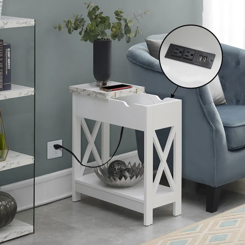 Flip Top End Table with Charging Station and Shelf