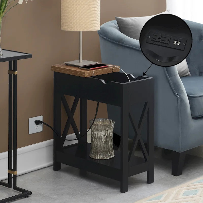 Flip Top End Table with Charging Station and Shelf