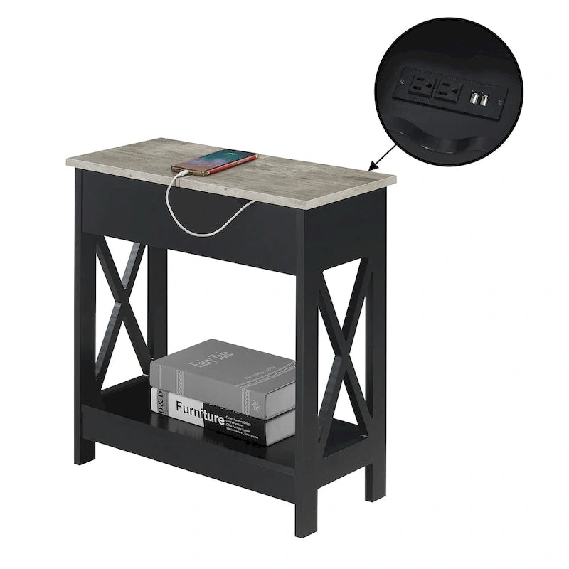 Flip Top End Table with Charging Station and Shelf